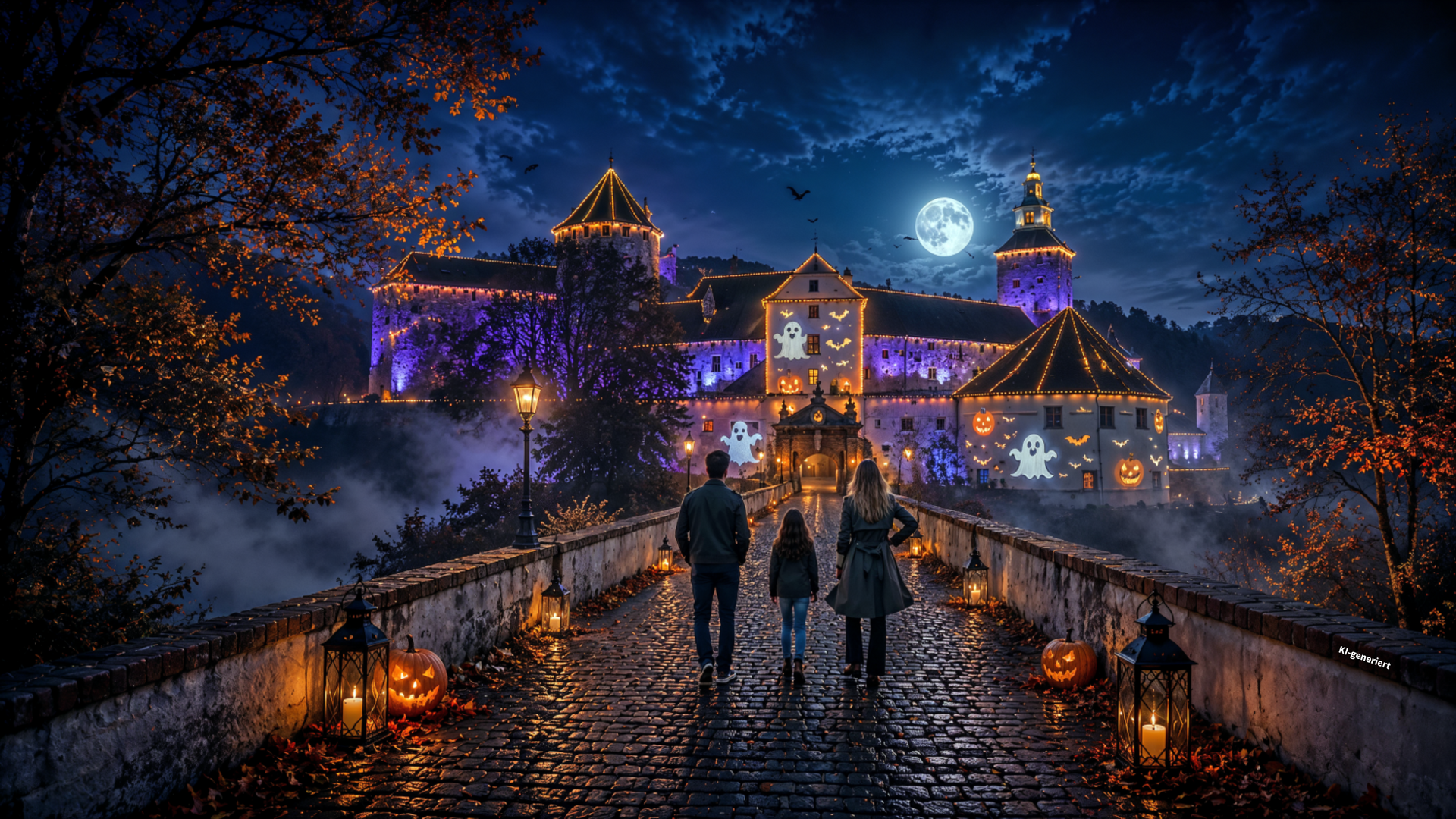Burg Geflüster Sujet - Beleuchtete Burg zu Halloween